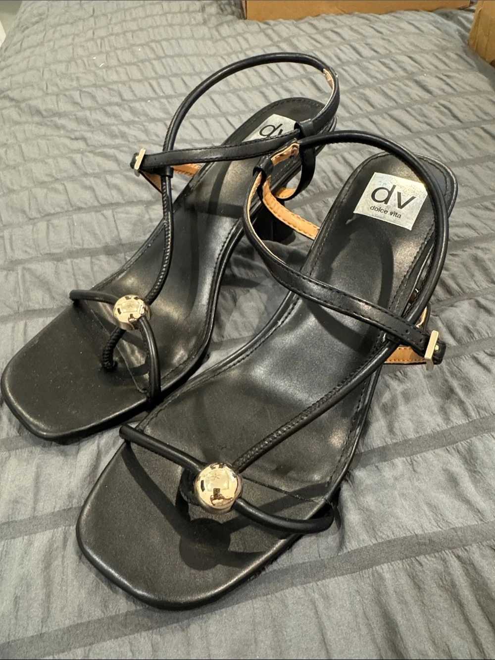 Dolce Vita Black Strappy Mid-Heel Sandal with Gold Accent